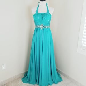 Riva Designs feather gown turquoise aqua